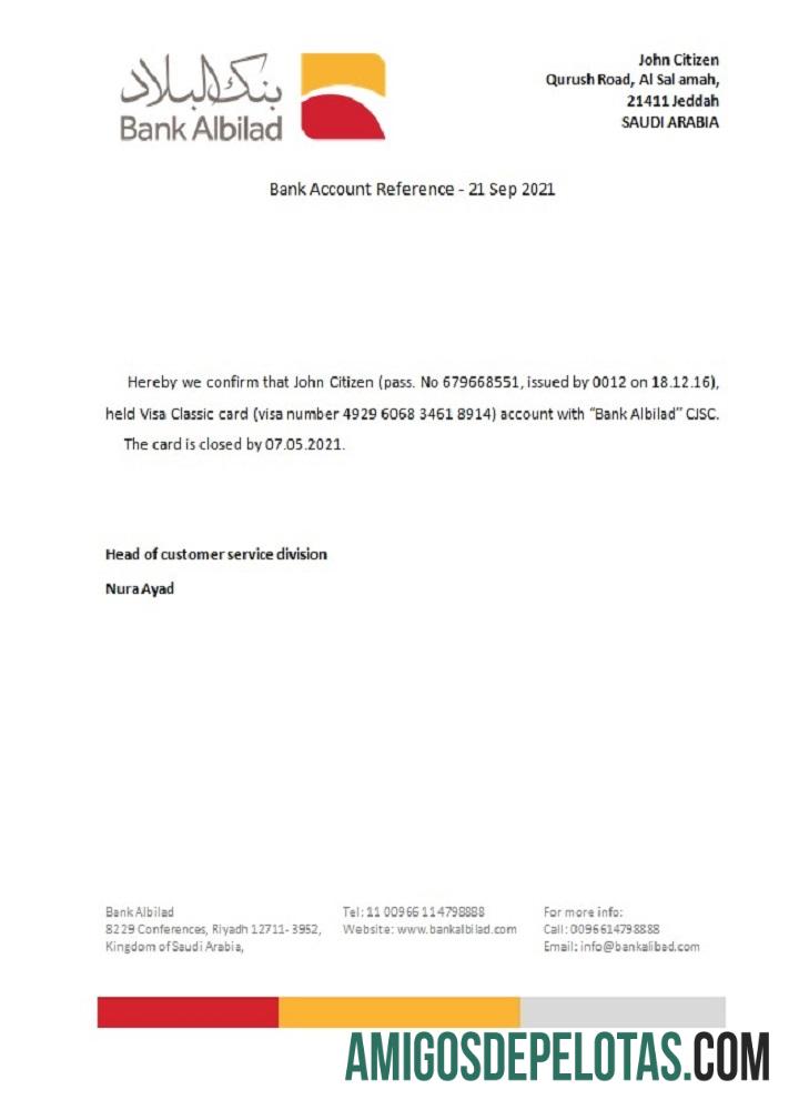 Referência de fechamento do banco Albilad da Arábia Saudita exemplo real